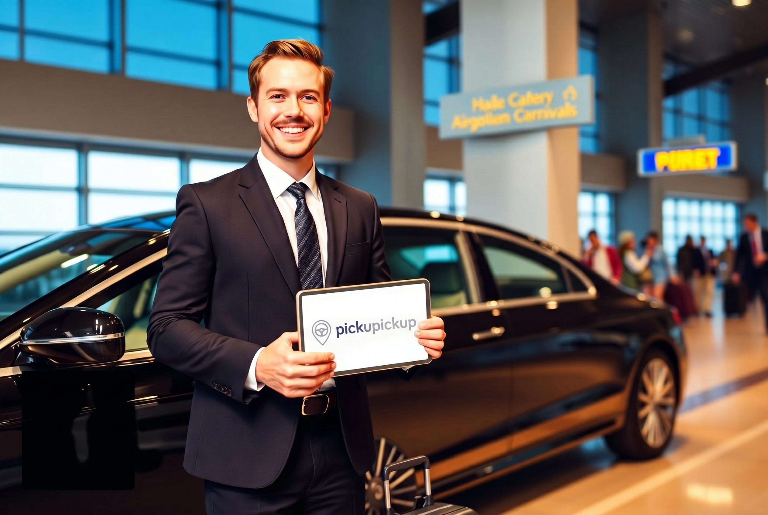 Driver welcoming travelers at airport